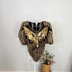 Stunning vintage 70s sparkly gold sequin beaded butterfly shawl poncho